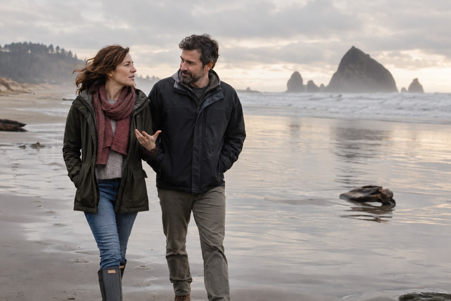 Two adults talk while walking along a beach with large offshore rock formations.