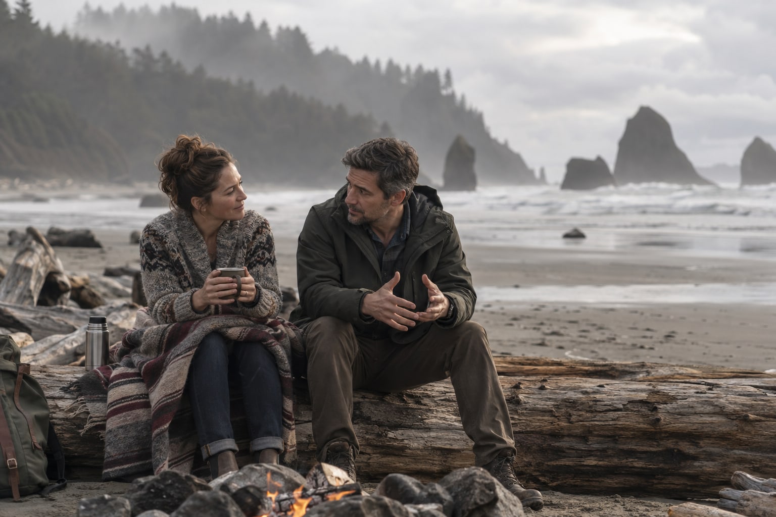 Two adults talk on a driftwood log beside a small beach fire, with a blanket and thermos nearby.