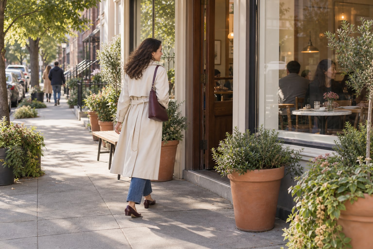 A woman in a cream coat approaches a café entrance on a tree-lined street.