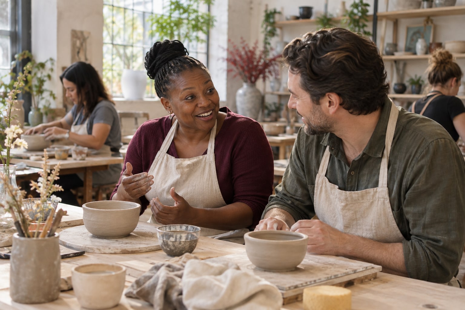 Two adults chat beside their clay bowls during a pottery workshop.