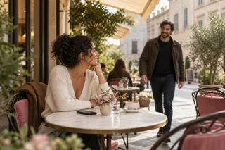 A woman at an outdoor café looks toward a man approaching her table.