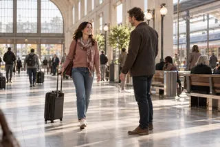 A woman with a rolling suitcase greets a man in a bright train station.