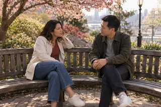 Two adults talk on a curved park bench beneath flowering trees.