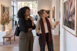 Two women discuss a floral photograph in a bright gallery.