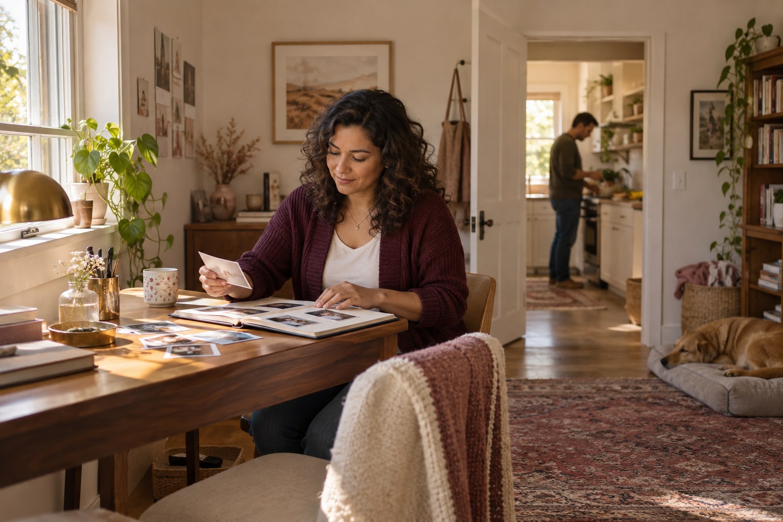 A woman arranges small photographs in an album at a sunlit desk.
