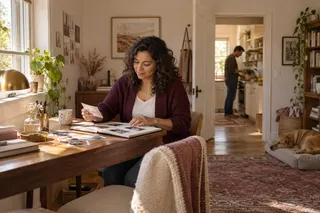 A woman arranges small photographs in an album at a sunlit desk.