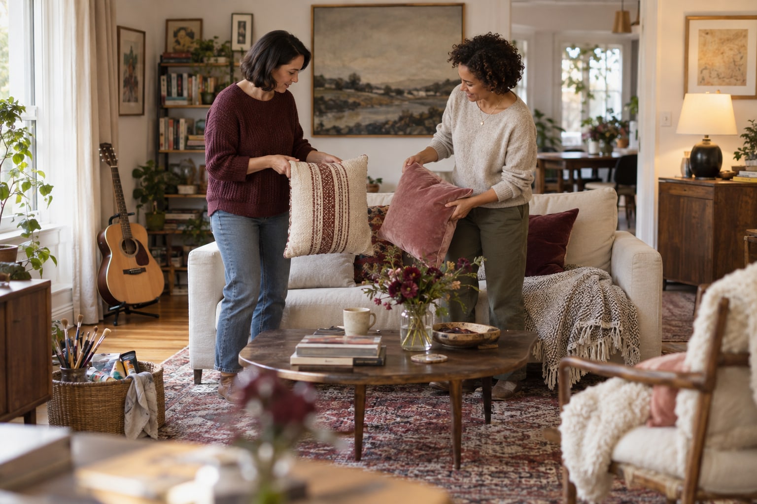 Two women compare cushions beside a sofa in a room with art supplies and a guitar.