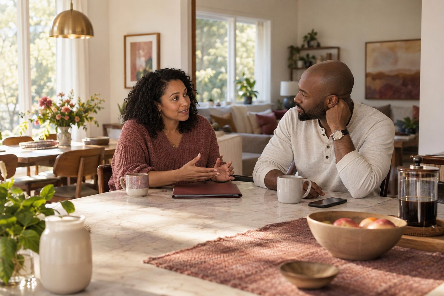 Two adults talk at a breakfast counter beside mugs and a closed folder.
