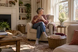 A woman sits with tea in an armchair beside a basket of folded laundry.