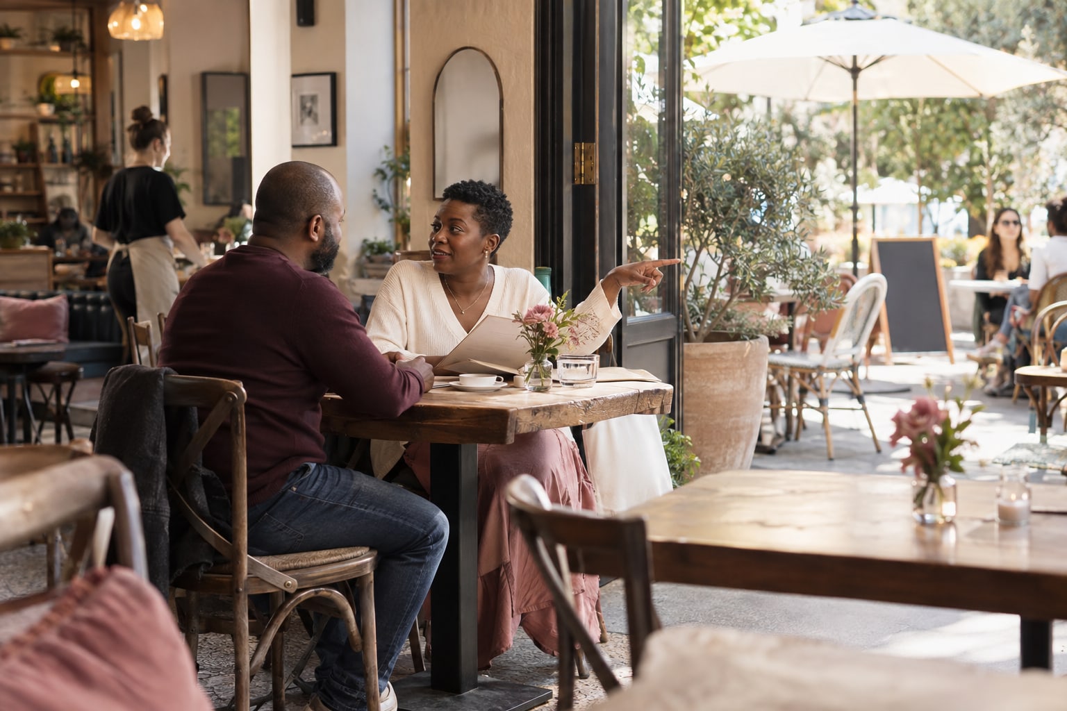 A woman gestures toward outdoor seating while talking with another adult at a cafe.