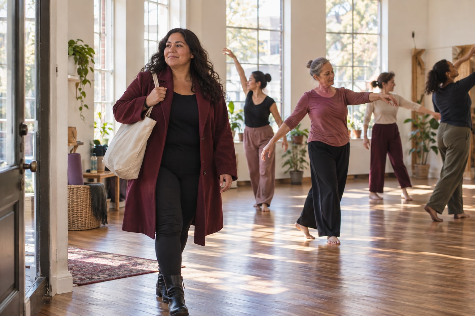 A woman carrying a tote walks through a sunlit dance studio while adults practice behind her.