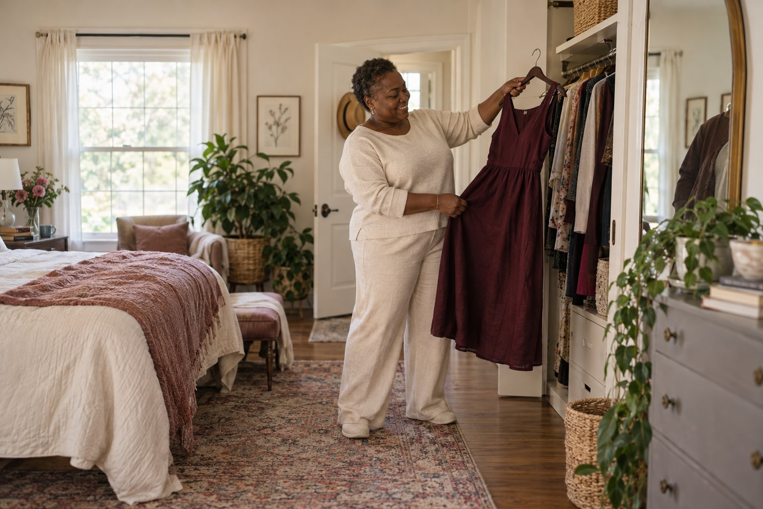 A woman selects a linen dress from a wardrobe in a bright bedroom.