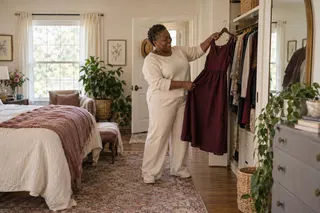 A woman selects a linen dress from a wardrobe in a bright bedroom.