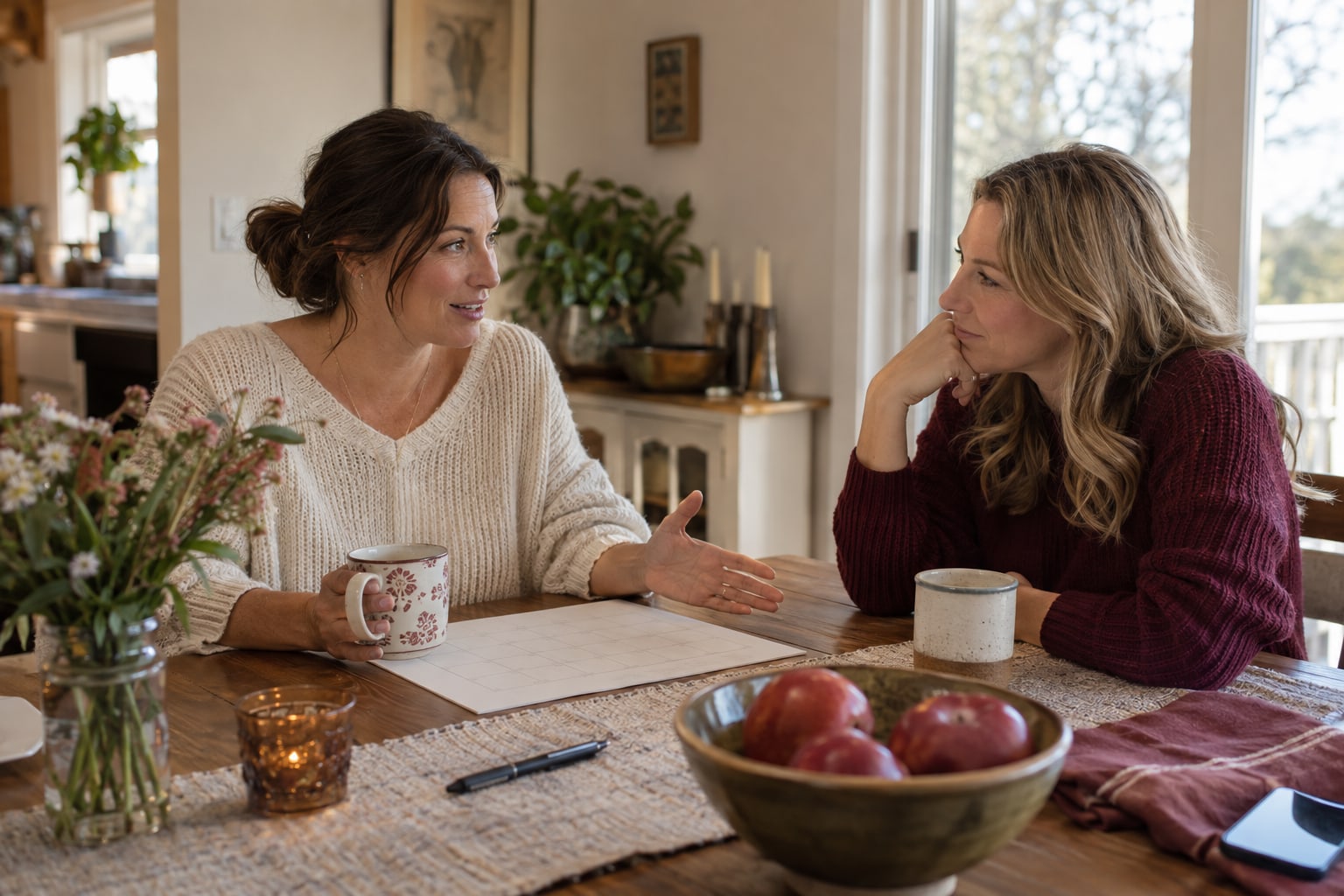 Two women discuss a plan across a dining table with a blank calendar grid between them.