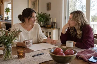 Two women discuss a plan across a dining table with a blank calendar grid between them.