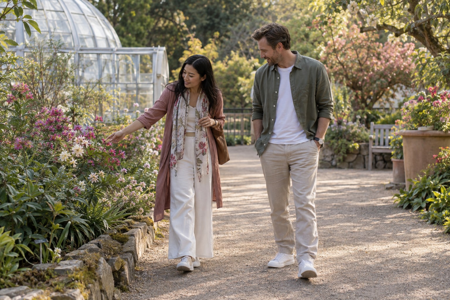 Two adults pause beside flowering plants on a garden path.