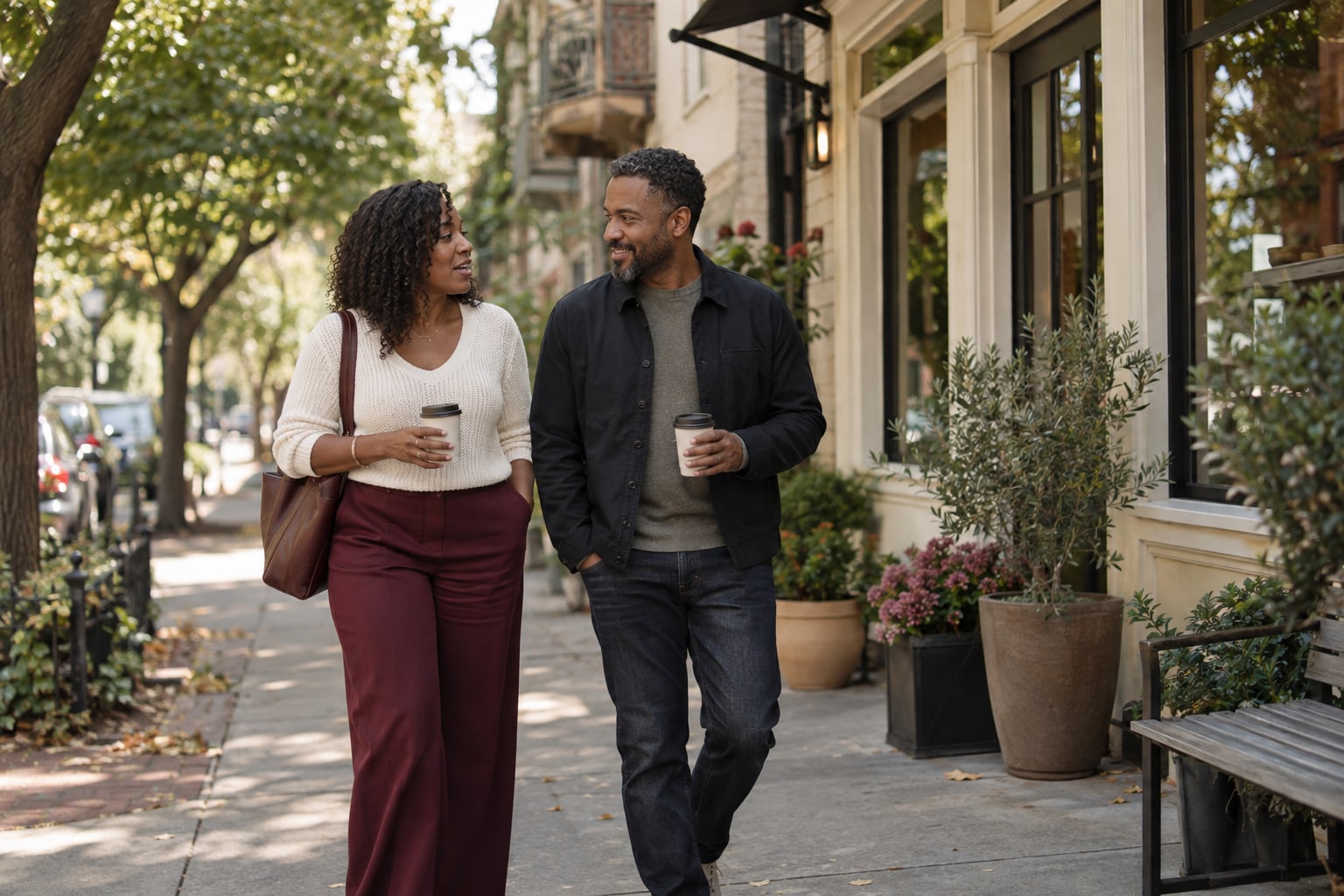 Two adults walk together along a leafy neighborhood sidewalk, carrying plain reusable coffee cups.
