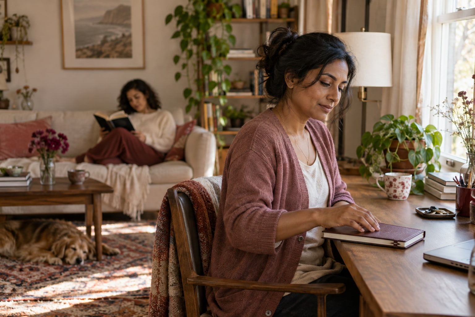 A woman closes a journal at a window-side desk while another adult reads on a sofa across the room.