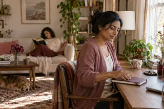 A woman closes a journal at a window-side desk while another adult reads on a sofa across the room.