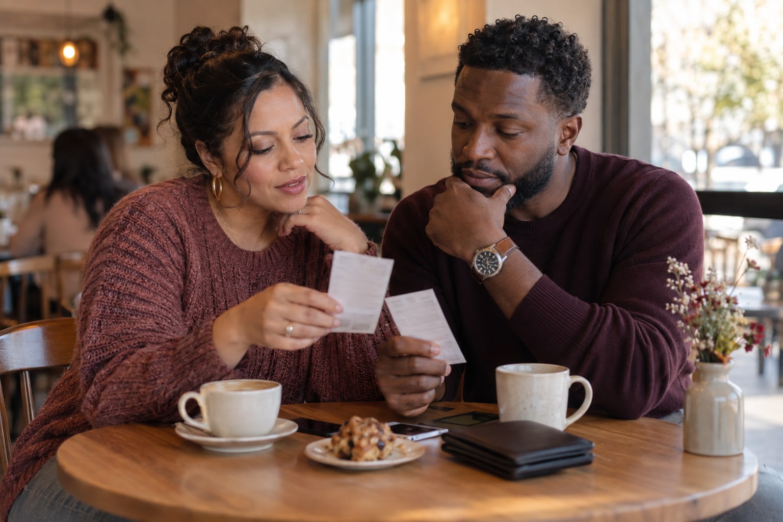 Two adults look at small papers at a cafe table beside a closed wallet and coffee cups.