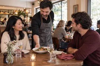 A server brings a plate to two adults seated at a daylight restaurant table.