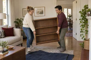 Two adults carry a small wooden bookcase through a bright living room.