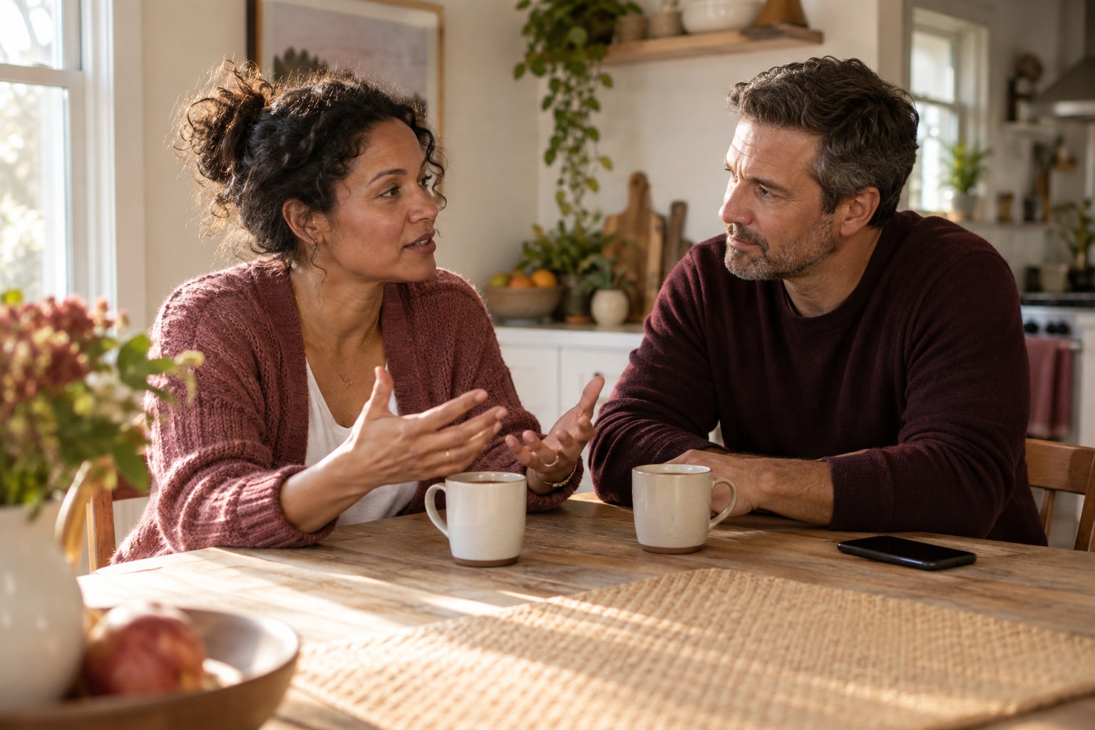 Two adults talk at a kitchen table with ceramic mugs and a phone beside them.
