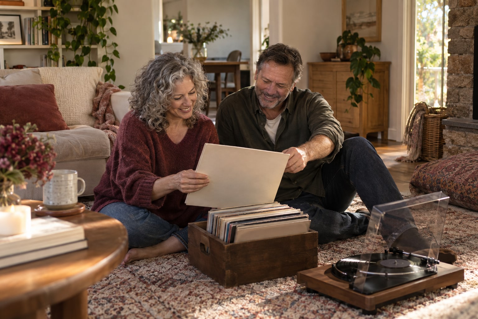 Two adults choose a record while sitting on a rug beside a record player.