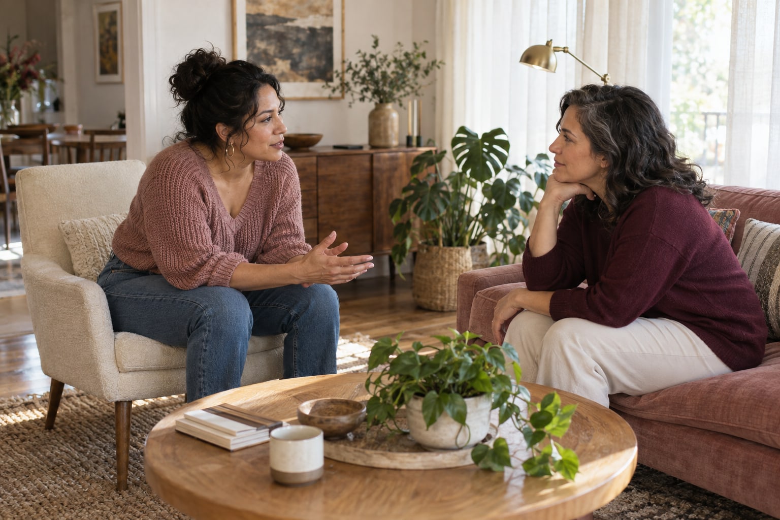 Two women sit facing each other for a conversation in a sunlit living room.