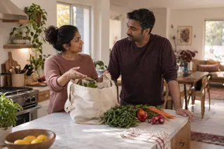 Two adults talk beside a grocery bag and fresh vegetables on a kitchen island.
