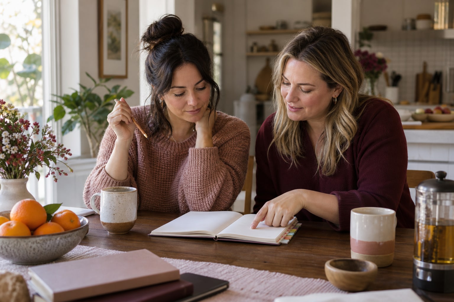 Two women sit together with an open notebook at a breakfast table.
