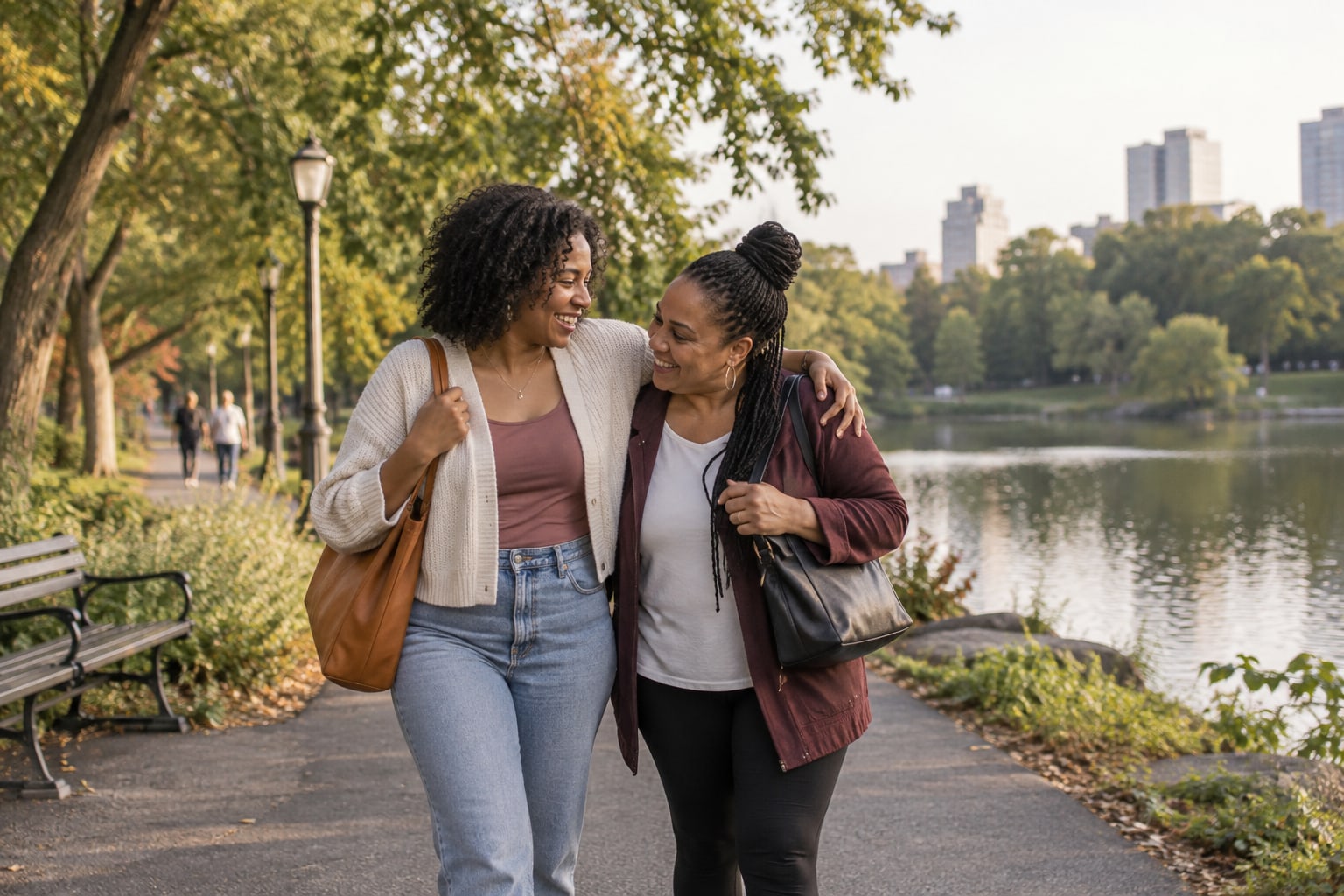 Two women smile and embrace beside a pond on a leafy park path.